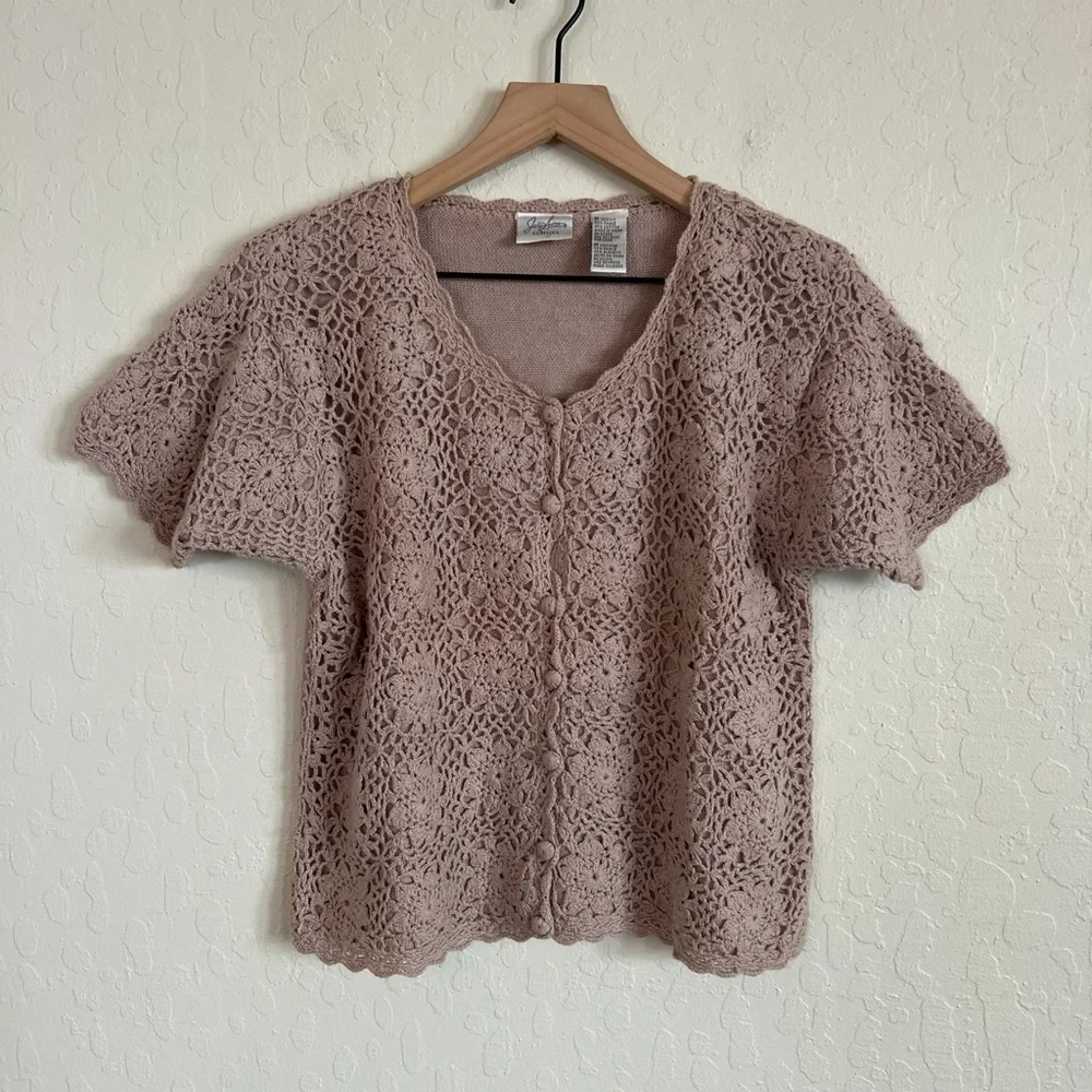 Vintage 90s Jaclyn Smith Short Sleeve Floral Crochet Knit Cardigan Medium Brown